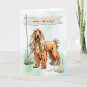 Tarjeta Perro de raza hound afgano bajo Rótulo de cumpleañ