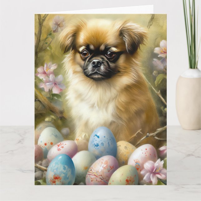Tarjeta Perro de raza Spaniel Tibetano con huevos de Pascu (Anverso)