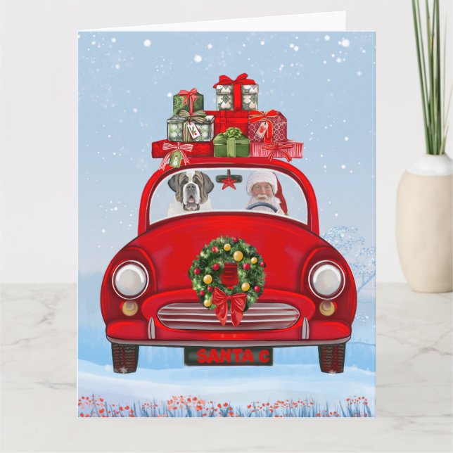 Tarjeta Perro De San Bernardo En Coche Con Santa Claus (Anverso)