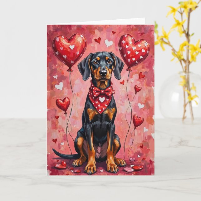 Tarjeta Perro de San Valentín de sabueso negro y fuego (flor amarilla)