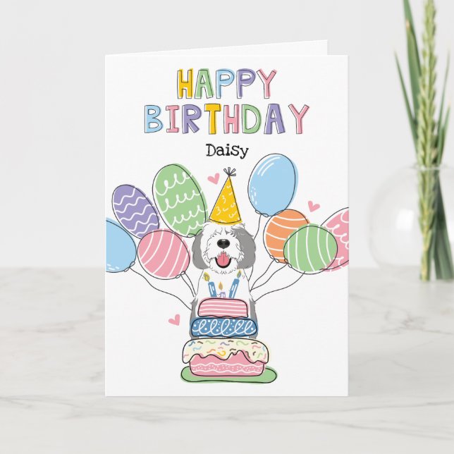 Tarjeta Perro de Sheepadoodle Gris y Blanco Feliz cumpleañ (Anverso)