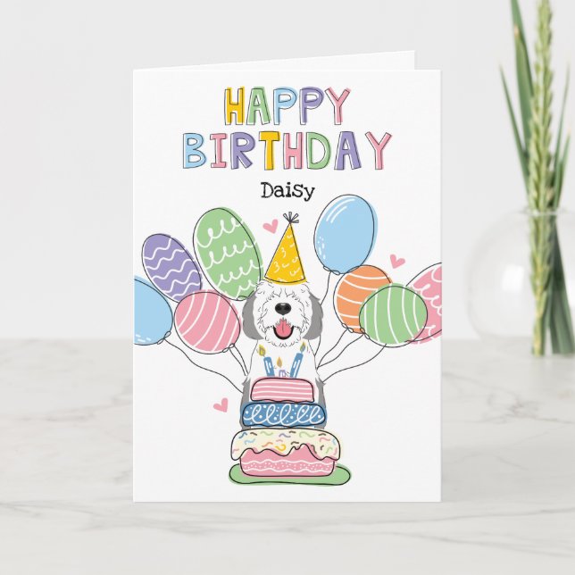 Tarjeta Perro de Sheepadoodle Gris y Blanco Feliz cumpleañ (Anverso)