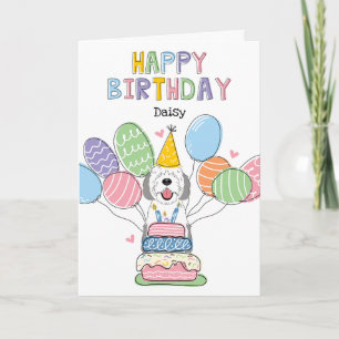 Tarjeta Perro de Sheepadoodle Gris y Blanco Feliz cumpleañ