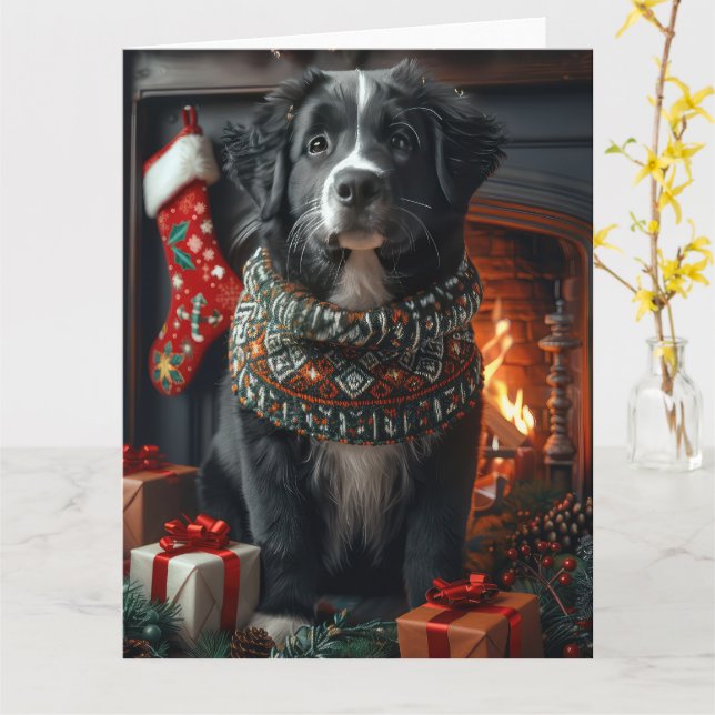 Tarjeta Perro De Terranova Con Chimenea De Regalos De Navi (flor amarilla)