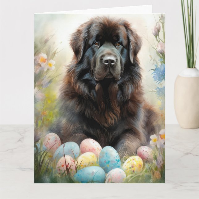 Tarjeta Perro de Terranova con festividad de huevos de Pas (Anverso)