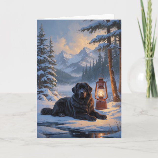 Tarjeta Perro de Terranova por pintura helada de invierno  (Anverso)