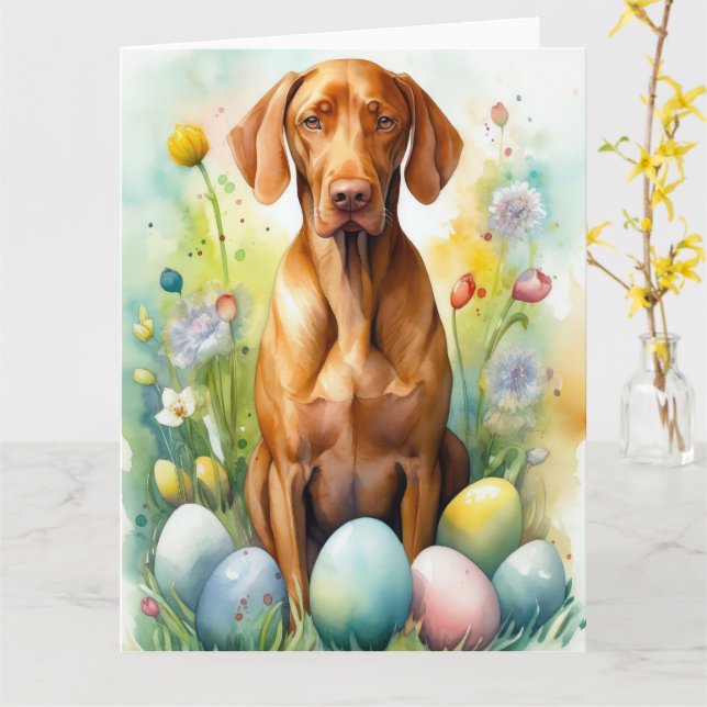 Tarjeta Perro de Vizsla con festividad de huevos de Pascua (flor amarilla)