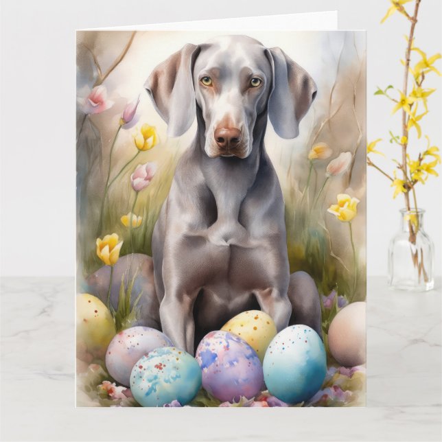 Tarjeta Perro de Weimaraner con festividad de huevos de Pa (flor amarilla)