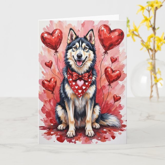 Tarjeta Perro del día de San Valentín Alaskan Malamute con (flor amarilla)