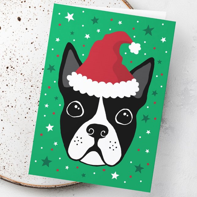 Tarjeta Perro del terror de Boston con Navidades de Santa  (Boston terrier dog wearing Santa hat Christmas Card)