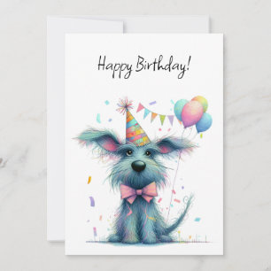 Tarjeta Perro desaliñado con sombrero de cumpleaños globos