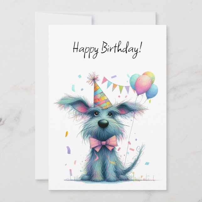 Tarjeta Perro desaliñado con sombrero de cumpleaños globos (Anverso)