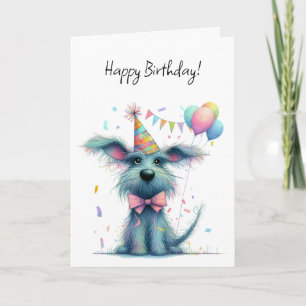 Tarjeta Perro desaliñado con sombrero de fiesta y globos C