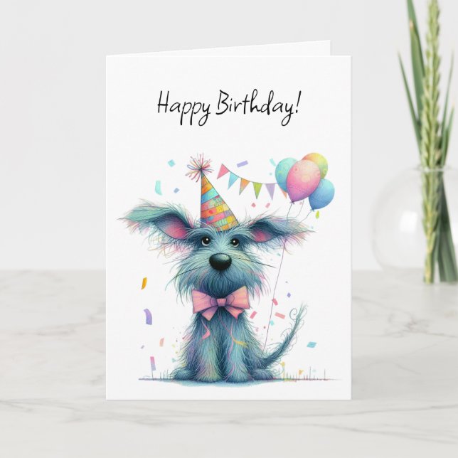 Tarjeta Perro desaliñado con sombrero de fiesta y globos C (Anverso)