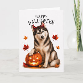 Tarjeta Perro diablo de Halloween Siberian Husky