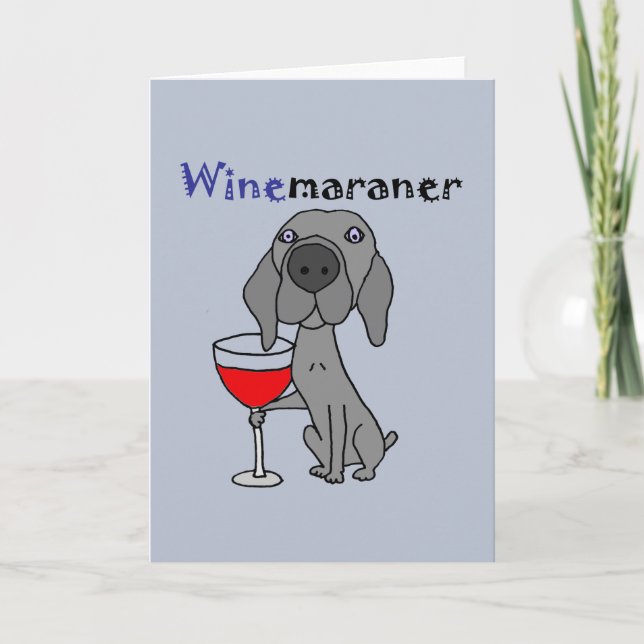 Tarjeta Perro divertido de Weimaraner que bebe el vino (Anverso)