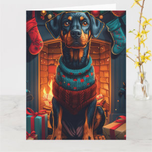 Tarjeta Perro Doberman con regalos de Navidad chimenea