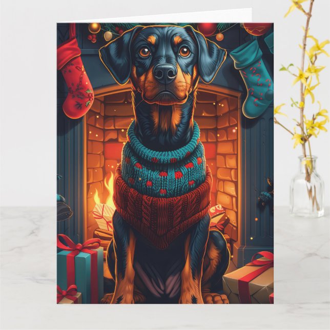 Tarjeta Perro Doberman con regalos de Navidad chimenea (flor amarilla)