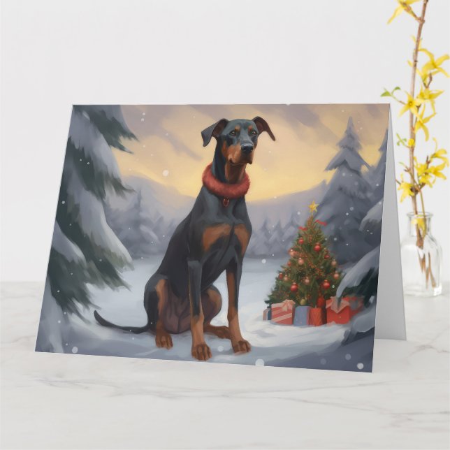 Tarjeta Perro Doberman en Navidad con Nieve (flor amarilla)