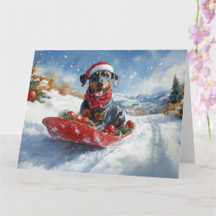 Tarjeta Perro Doberman en Trineo Deja que Nieve Navidad