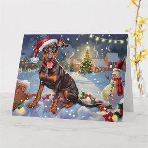 Tarjeta Perro Doberman en Trineo Nieve Navidad