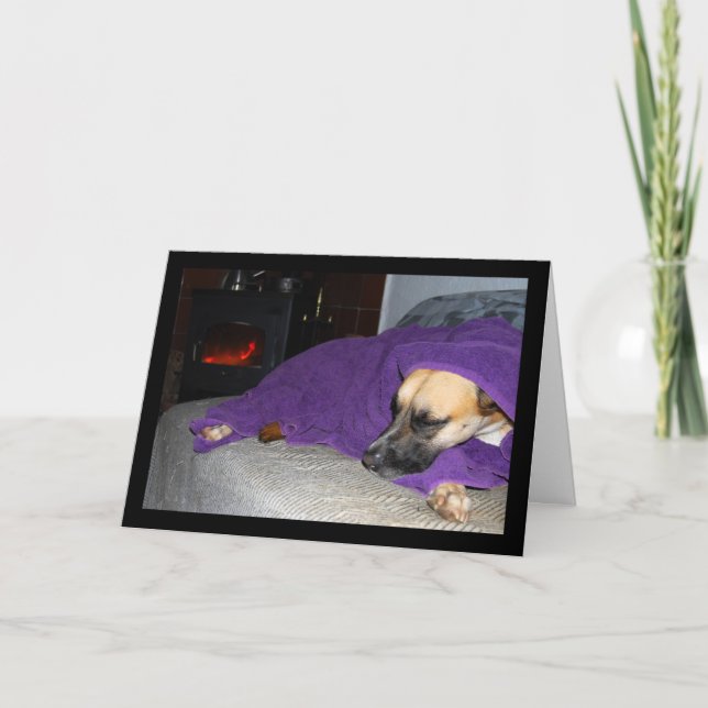 Tarjeta Perro durmiendo junto a la chimenea (Anverso)