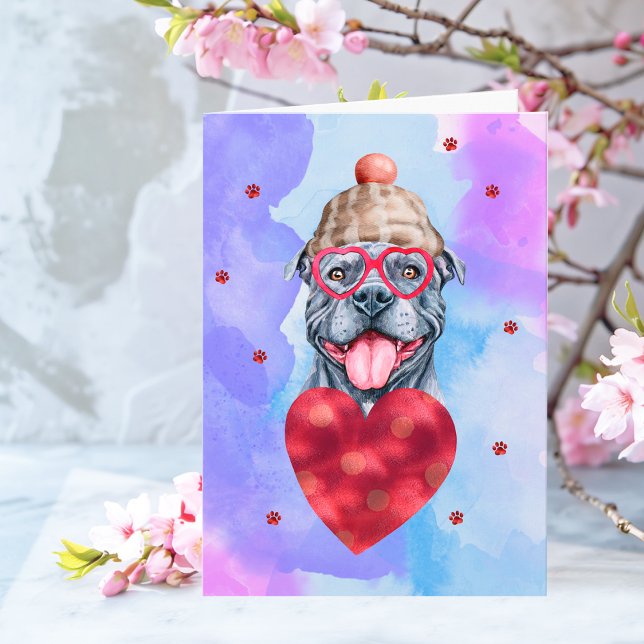 Tarjeta Perro El día de San Valentín de Pitbull gris morad (Subido por el creador)
