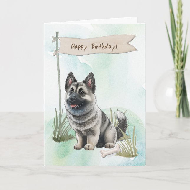 Tarjeta Perro Elkhound al aire libre bajo Rótulo de cumple (Anverso)