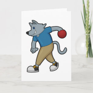 Tarjeta Perro en bolera con bola de bolos