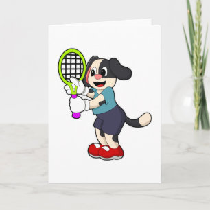 Tarjeta Perro en el tenis con raqueta de tenis