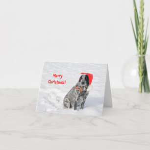 Tarjeta Perro en la nieve con sombrero de Santa con ¡Feliz