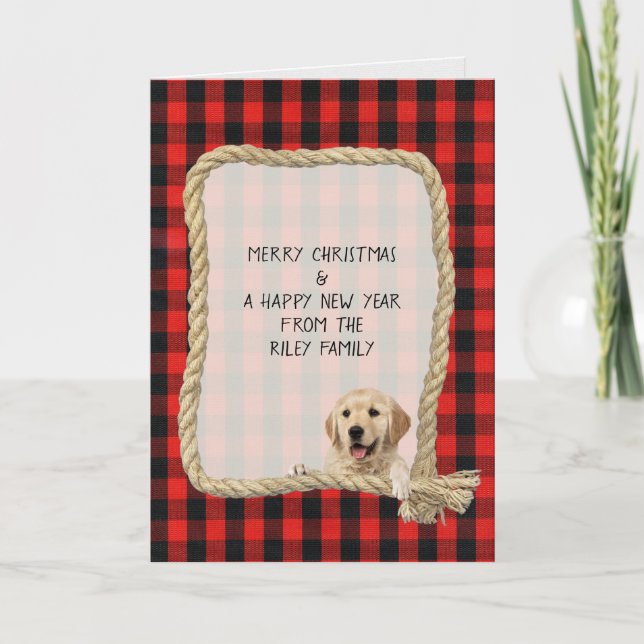 Tarjeta perro en marco de cuerda con Navidad de cuadros de (Anverso)