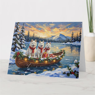 Tarjeta Perro Eskimo Americano Blanco Navidad Barco Fiesta