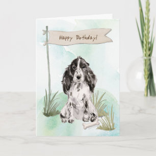 Tarjeta Perro español Cocker blanco y negro bajo cumpleaño