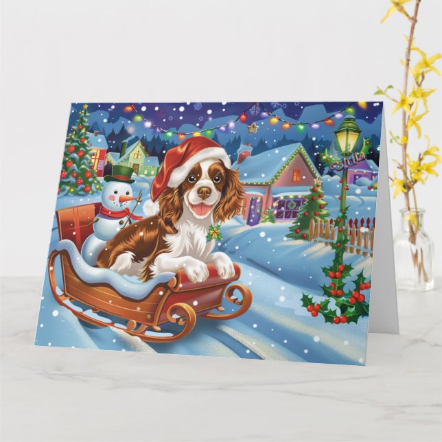 Tarjeta Perro español de Bretaña en Navidades de Nieve de  (flor amarilla)