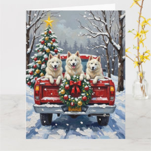 Tarjeta Perro Esquimal Americano Camión Rojo Navidad Fiest