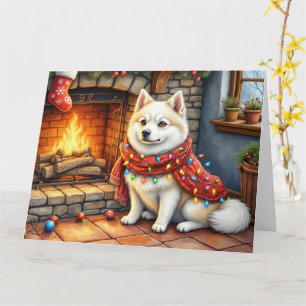 Tarjeta Perro Esquimal Americano Chimenea con Luces de Nav