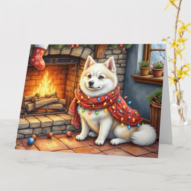 Tarjeta Perro Esquimal Americano Chimenea con Luces de Nav (flor amarilla)