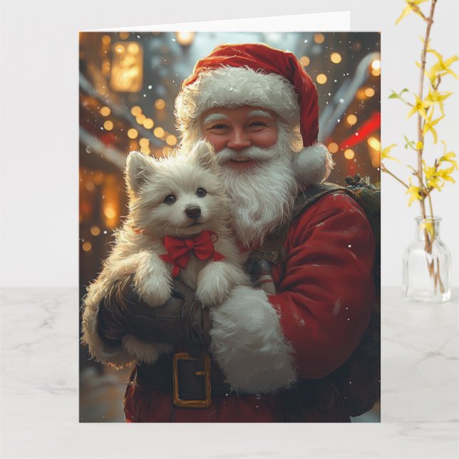 Tarjeta Perro Esquimal Americano Con Santa Claus Navidad F (flor amarilla)