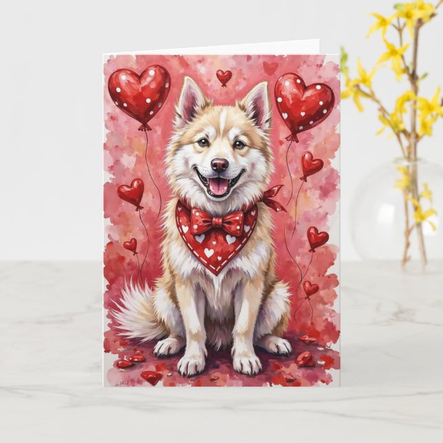 Tarjeta Perro Esquimal Americano Día de San Valentín con C (flor amarilla)