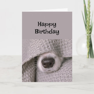 Tarjeta Perro feliz cumpleaños bajo manta en cama