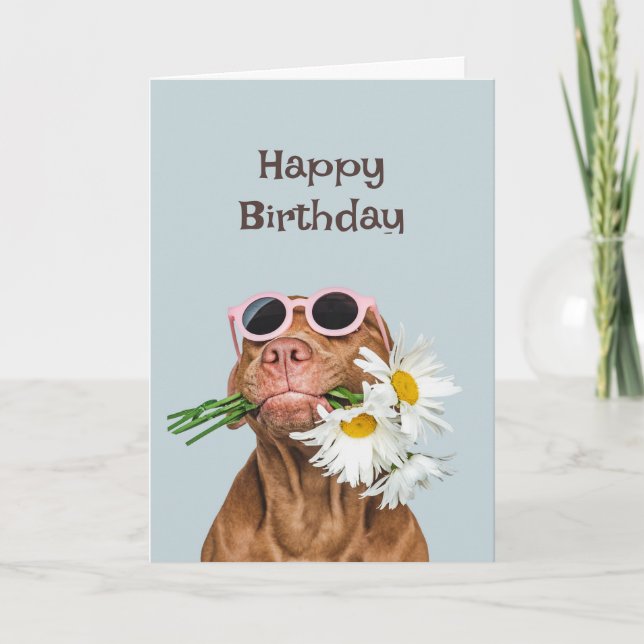 Tarjeta Perro feliz cumpleaños con flores Humor animal (Anverso)