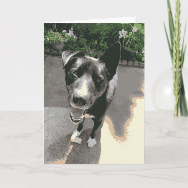 Tarjeta Perro Feliz Sonriente Con Un Negro Hueso (Anverso)