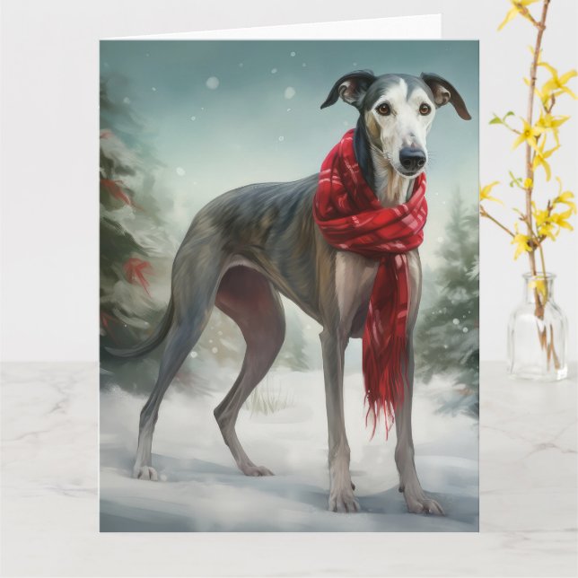 Tarjeta Perro Galgo en Navidad con Nieve (flor amarilla)
