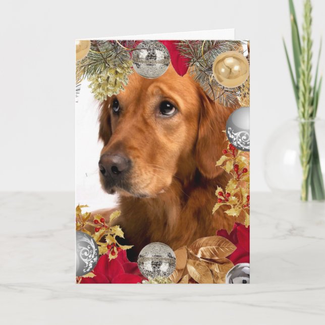 Tarjeta Perro Golden Retriever con Corona de Navidad Fiest (Anverso)