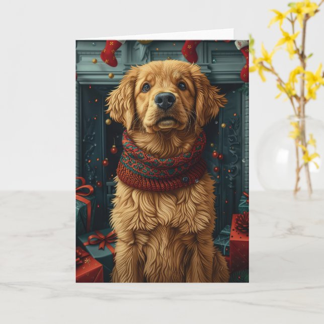 Tarjeta Perro Golden Retriever con regalo de Navidad junto (flor amarilla)