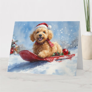 Tarjeta Perro goldendoodle en escaramuza deja que nieve Na