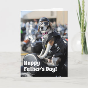 Tarjeta Perro gracioso del Día del Padre en motocicleta