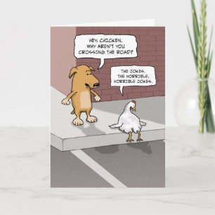 Tarjeta Perro gracioso y pollo en carretera cumpleaños