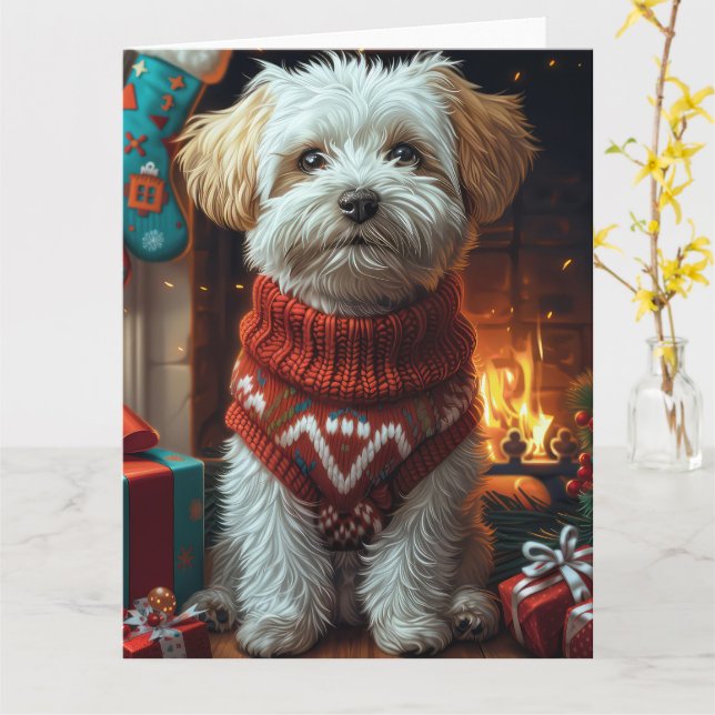 Tarjeta Perro Havanés Con Regalos De Navidad  (flor amarilla)